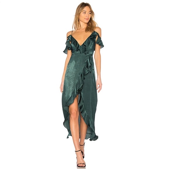 Revolve MAJORELLE Emerald Green Sausalito High Low Dress Ruffle Cold Shoulder - Picture 1 of 3